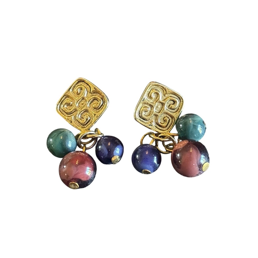 VTG Gold Tone ornate spirals Square Dangle‎ Earrings with Multicolor milky Beads